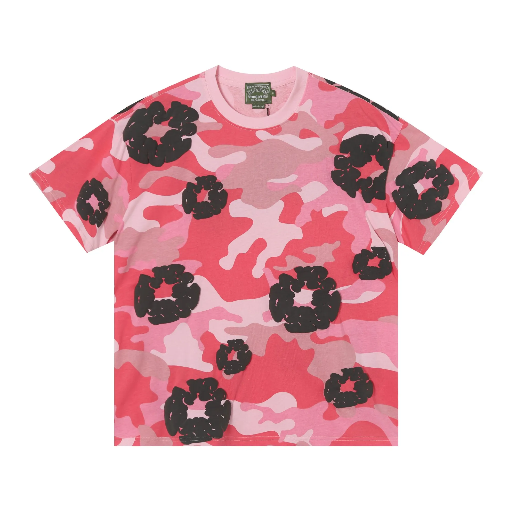 208# DENIM TEARS Kapok European and American trendy brand high quality foam flocking camouflage printed short-sleeved suit Color Camouflage blue Camouflage powder Camouflage gray Camouflage apricot Camouflage green Size S-XL